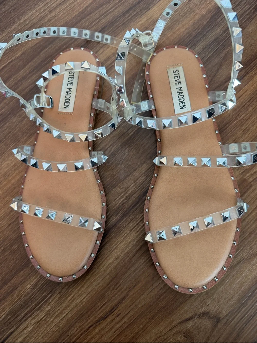 Steve Madden Clear Studded Strappy Sandal with Brown Sole